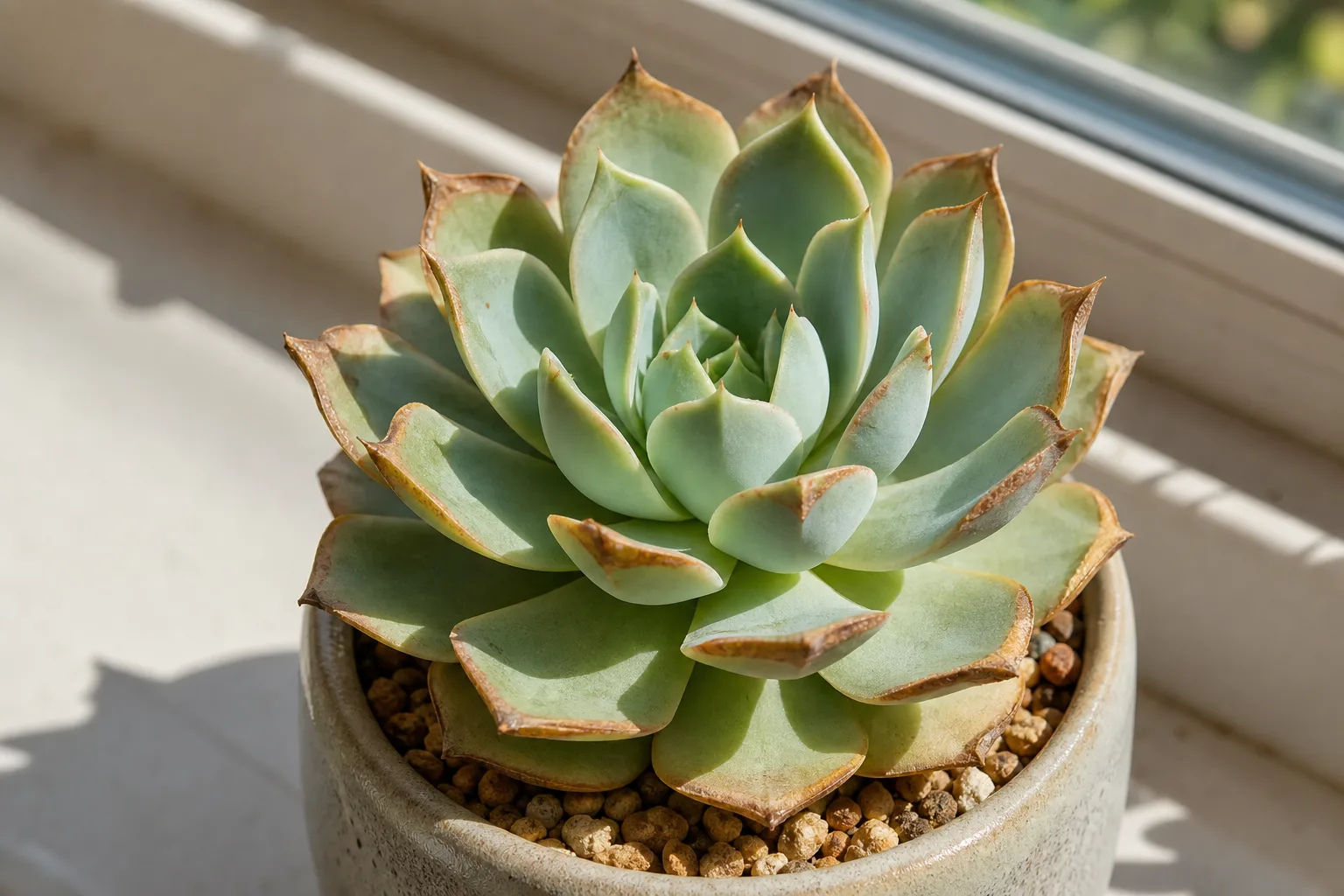 Brown tips on Echeveria - dry tan-brown scorched margins on sun-facing outer rosette leaves