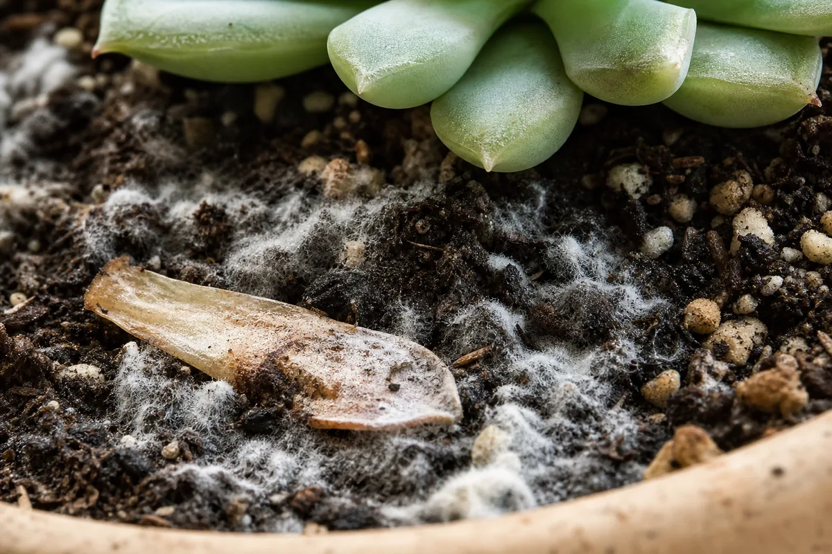 Close-up of mold on soil on Echeveria - white fuzzy fungus on damp topsoil under fallen rosette leaves