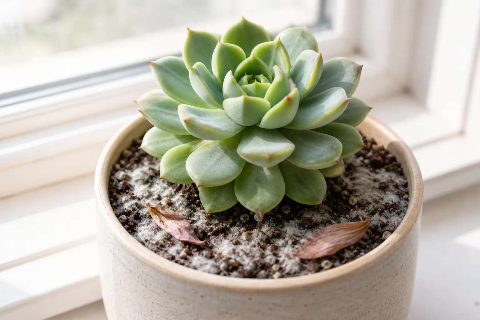 Mold on soil on Echeveria - white fuzzy patches on damp topsoil with a firm healthy rosette above