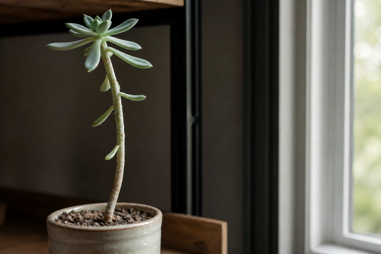 Not enough light on Echeveria - etiolated stretched rosette with long gaps between pale leaves on a tall stem