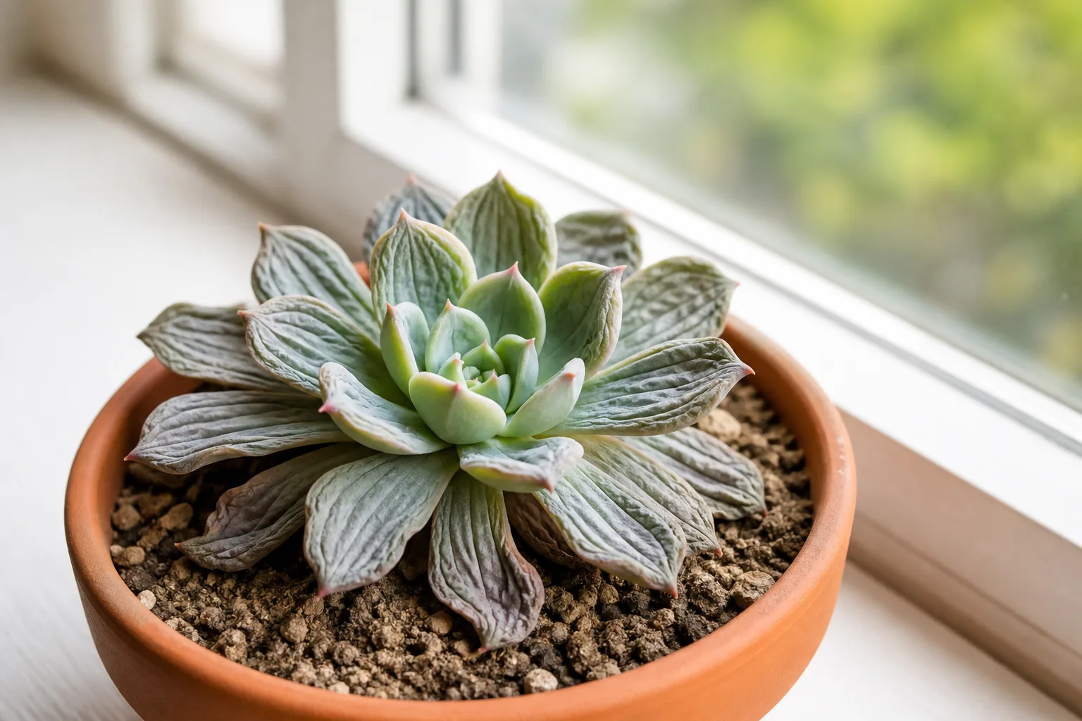 Underwatering on Echeveria - wrinkled deflated outer rosette leaves with dry dusty soil