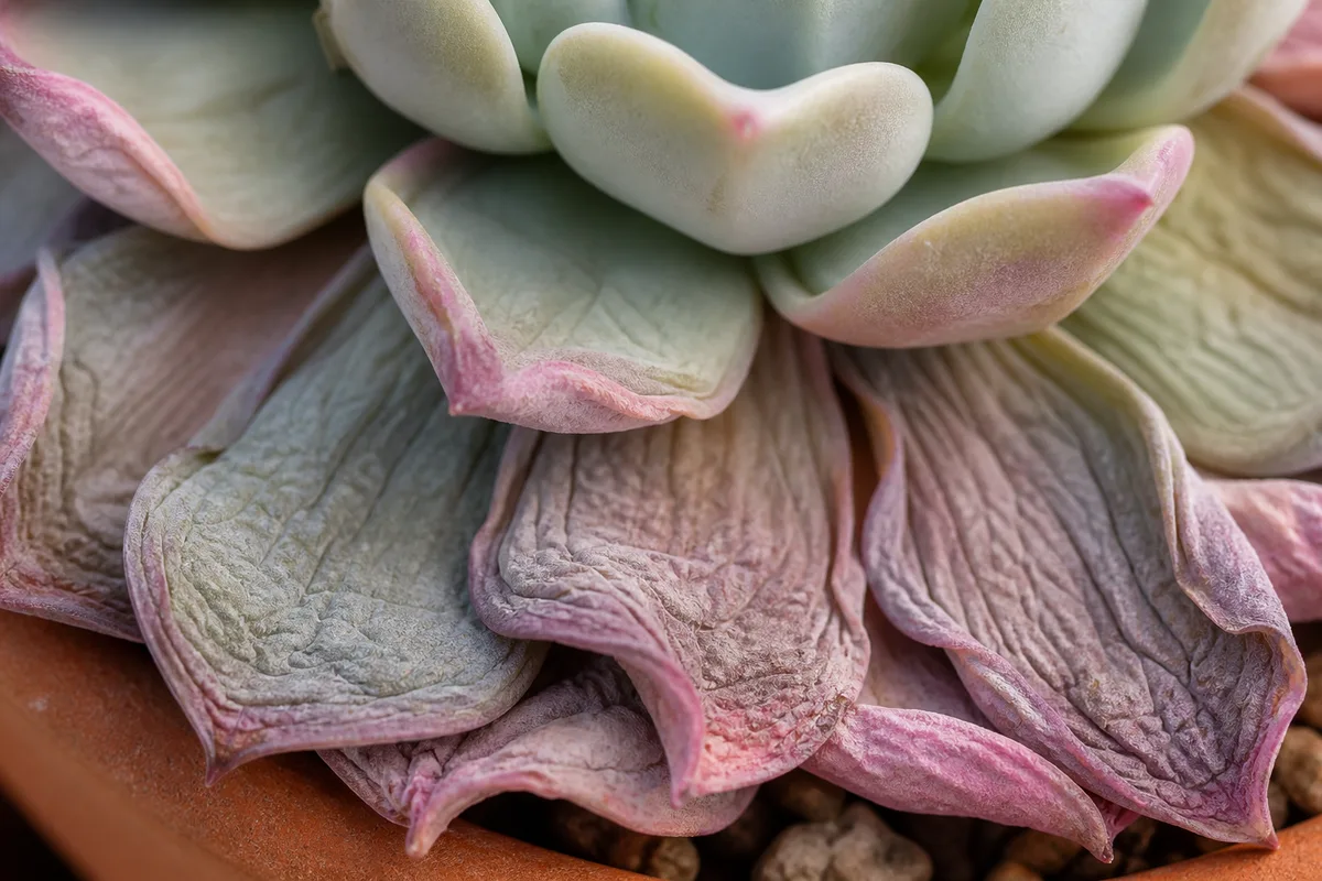 Close-up of wilting on Echeveria - deflated wrinkled outer leaves with lost turgor