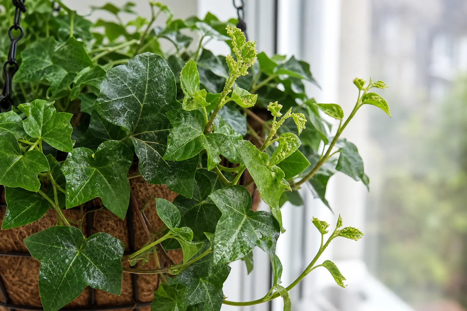 Aphids on English Ivy - soft green clusters on new vine tips with curled young leaves