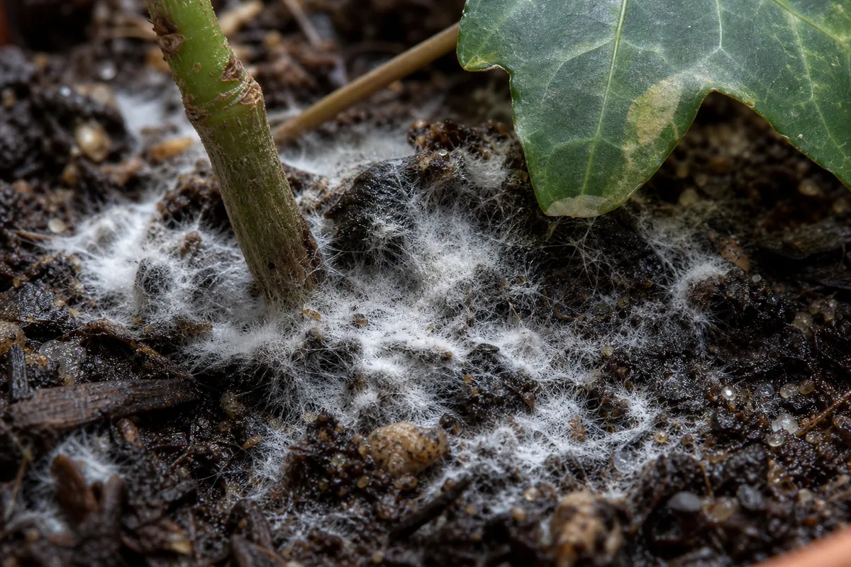 Close-up of Mold on Soil on English Ivy - diagnostic detail