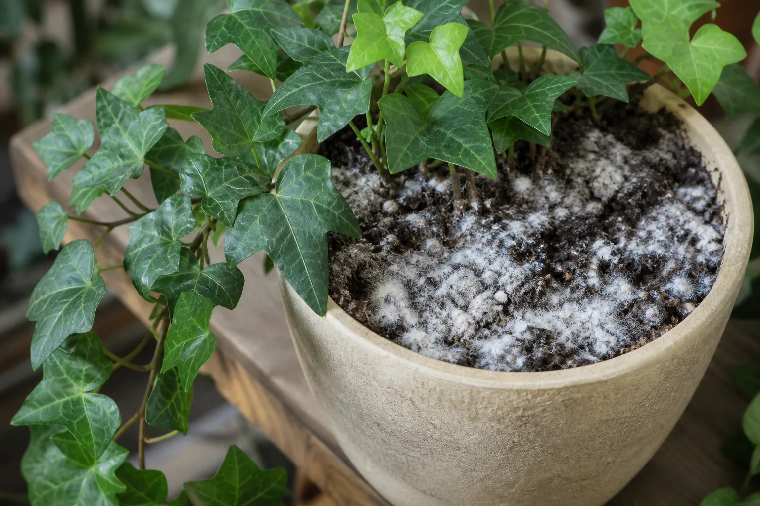Mold on Soil on English Ivy - visible symptom on the plant