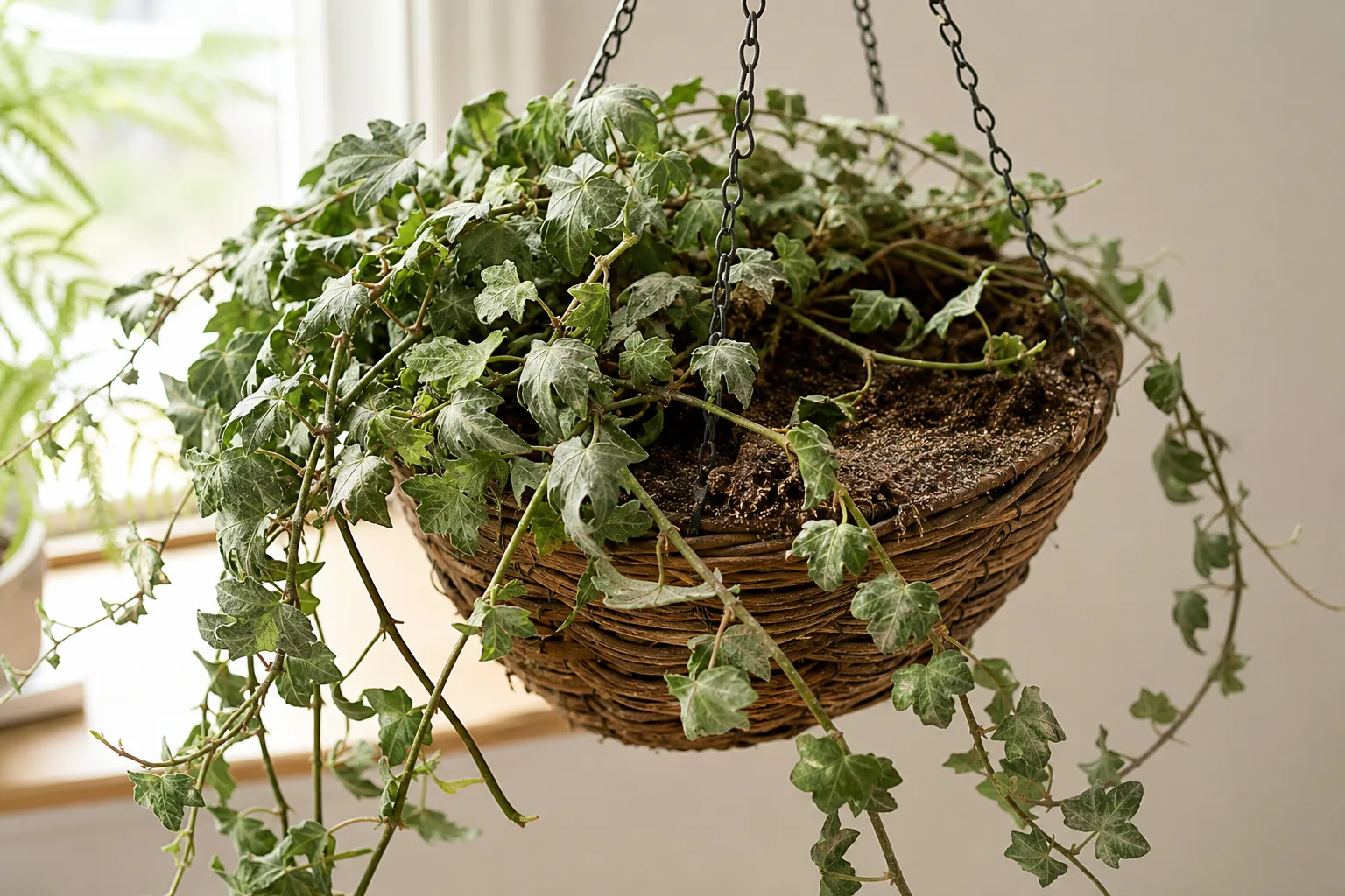 Underwatering on English Ivy - limp trailing stems with dull folded lobed leaves and dry soil