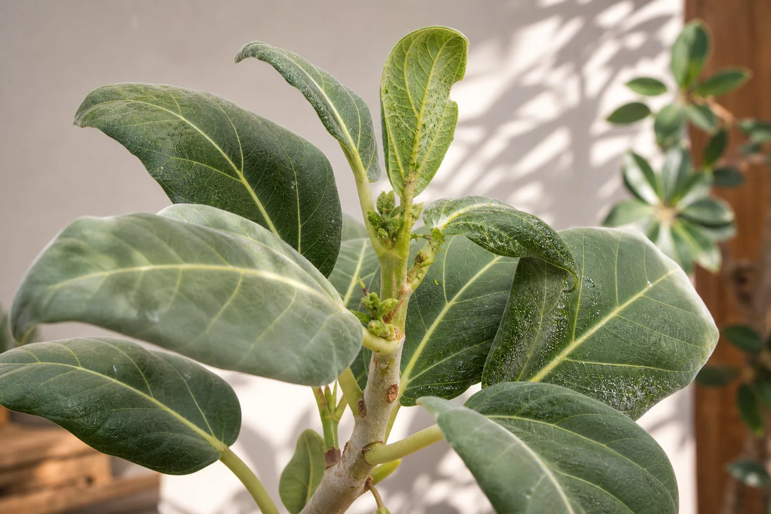 Aphids on Ficus Audrey - soft green clusters on crown new growth with velvety leaves