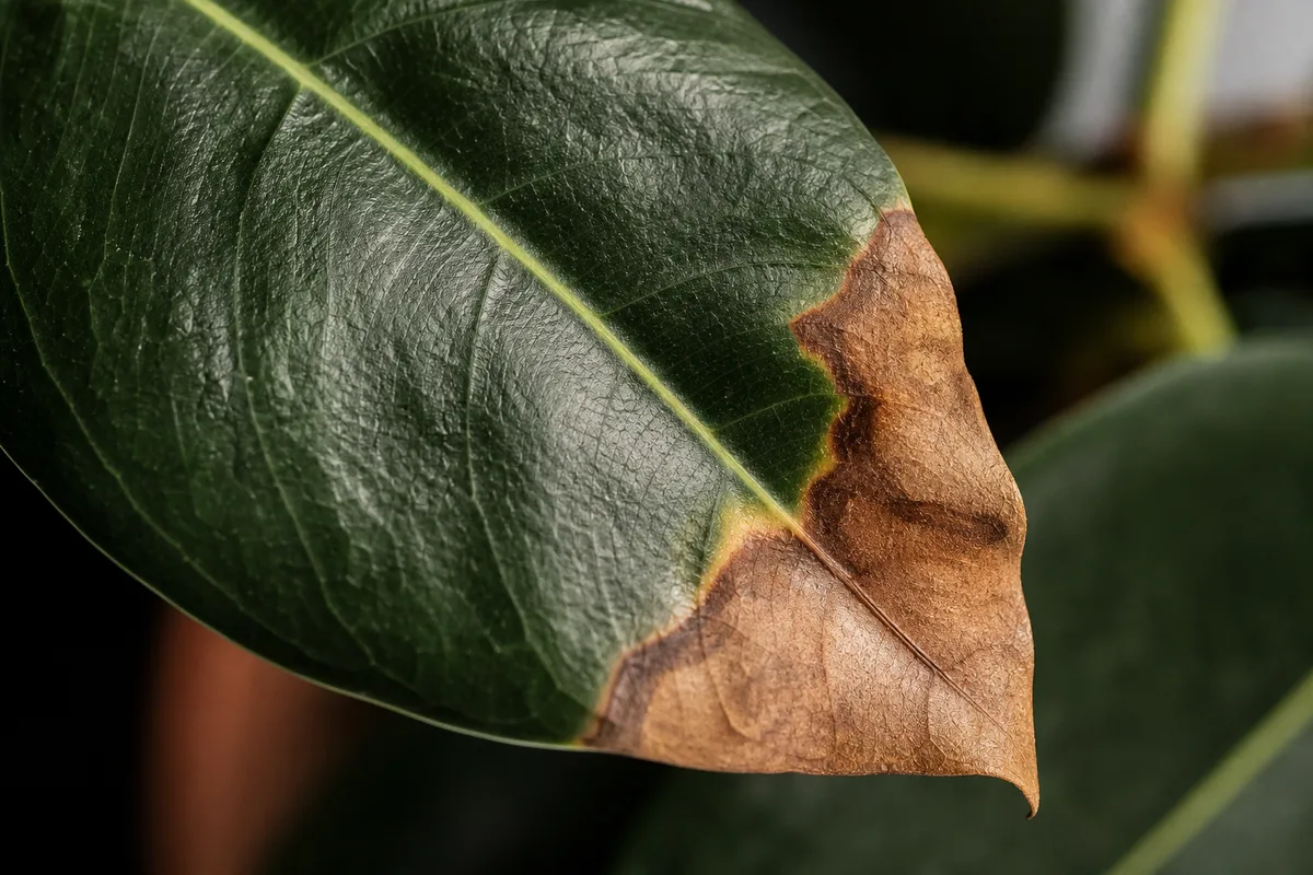 Close-up of Brown Tips on Ficus Audrey - diagnostic detail