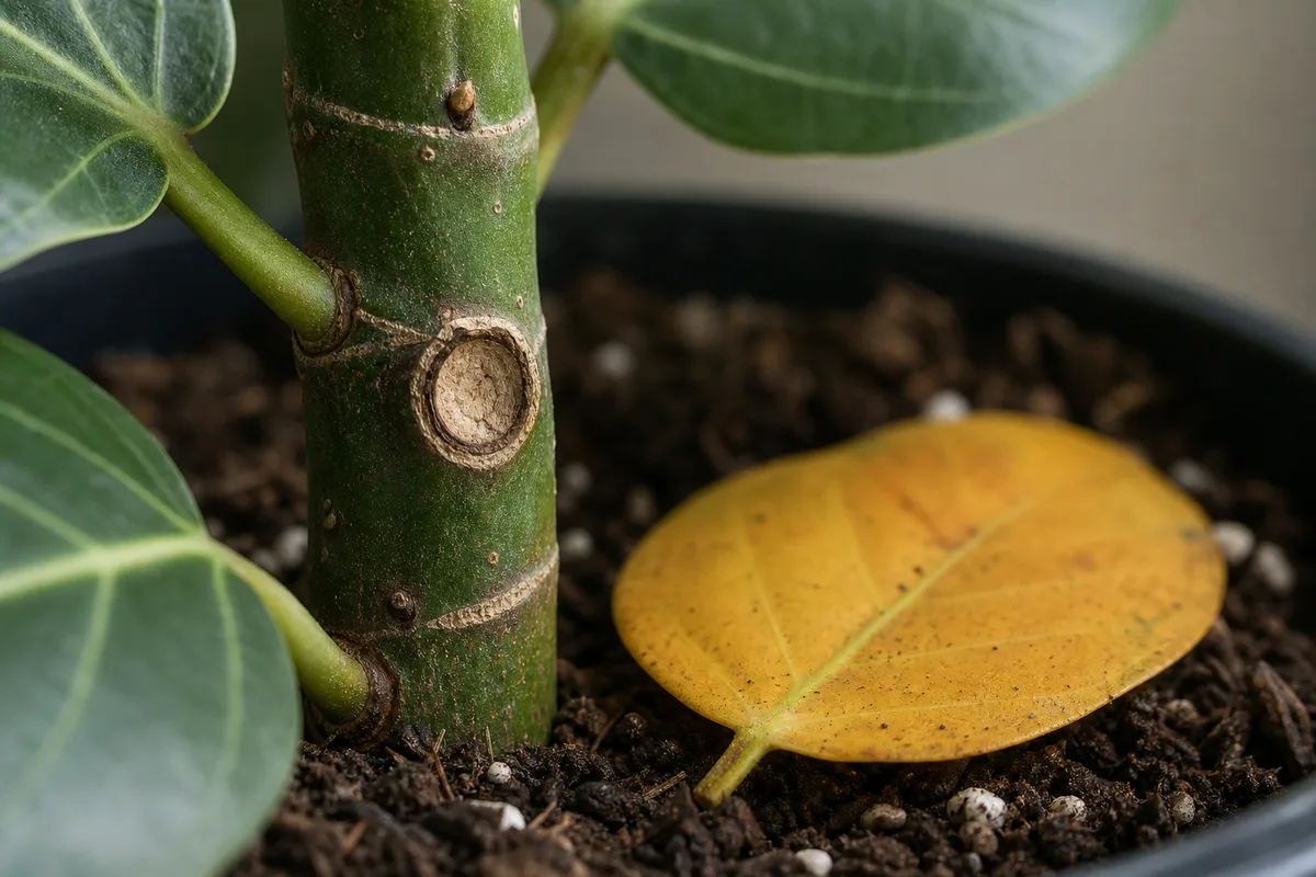 Close-up of Leaf Drop on Ficus Audrey - diagnostic detail
