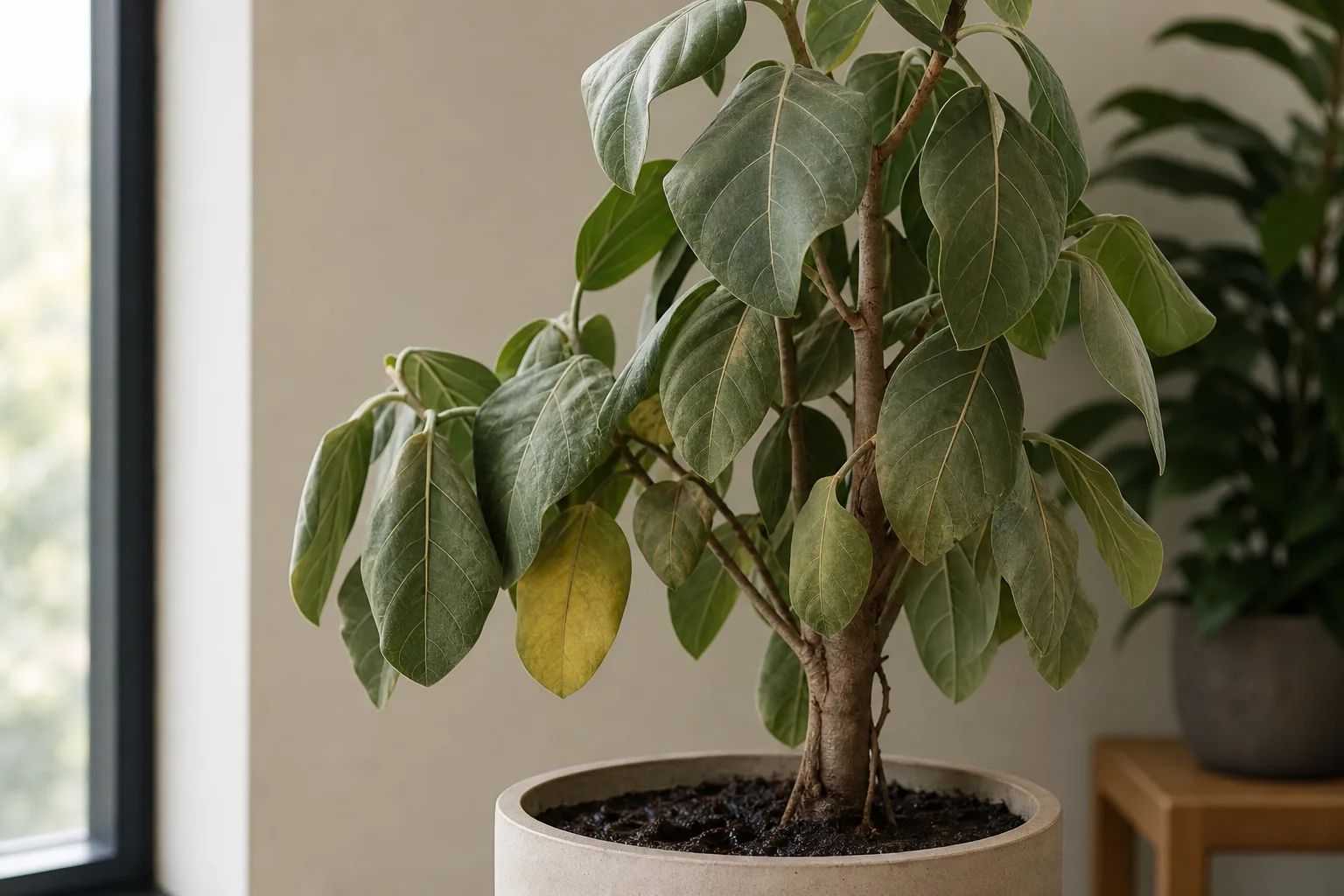 Overwatering on Ficus Audrey - visible symptom on the plant