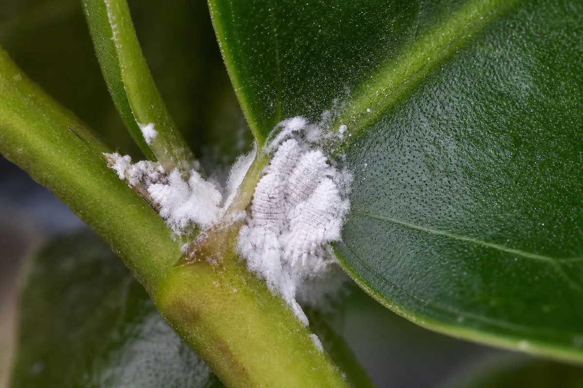 Close-up of Mealybugs on Ficus Benjamina - diagnostic detail