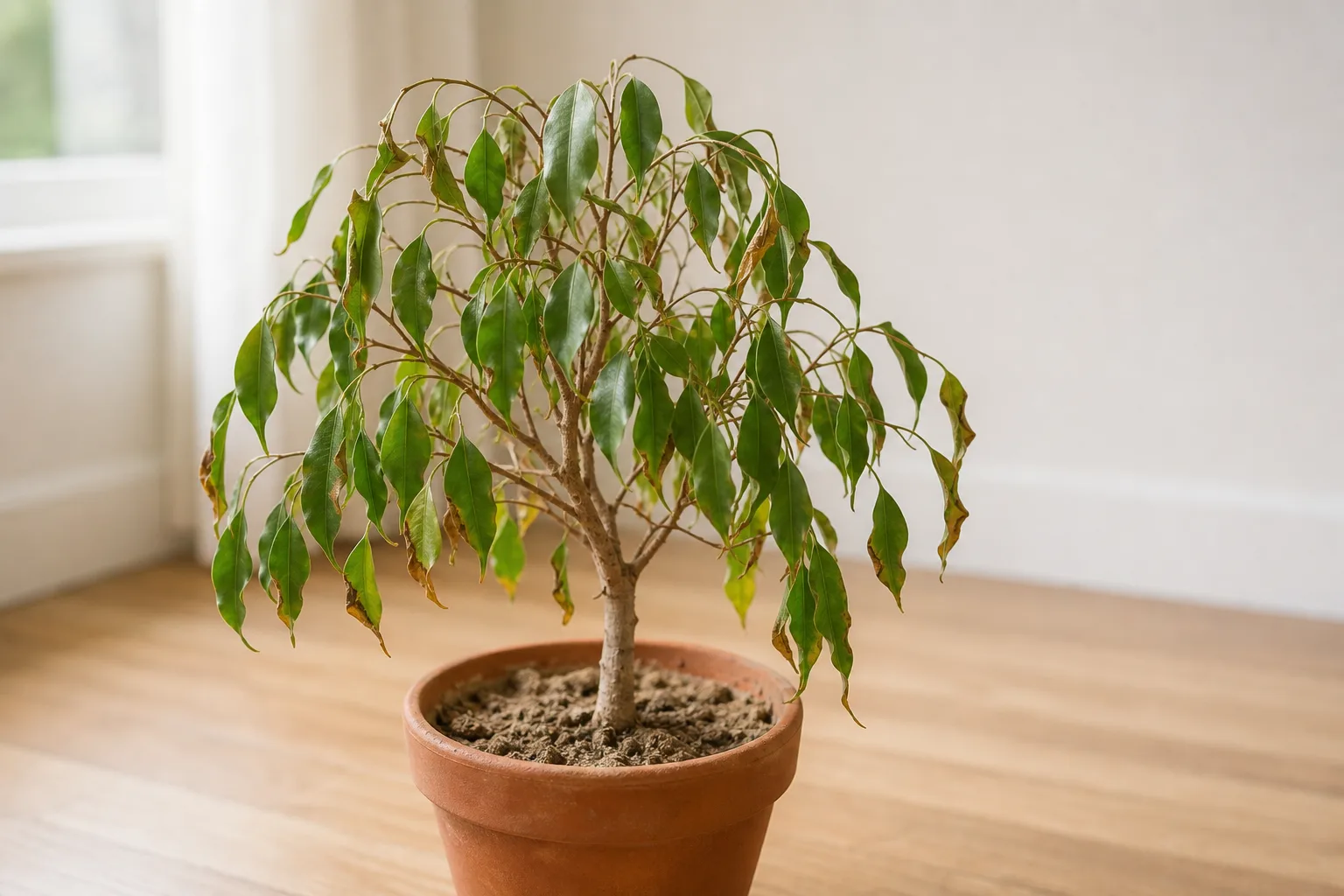 Underwatering on Ficus Benjamina - limp curled leaves and dry soil pulled from pot edges