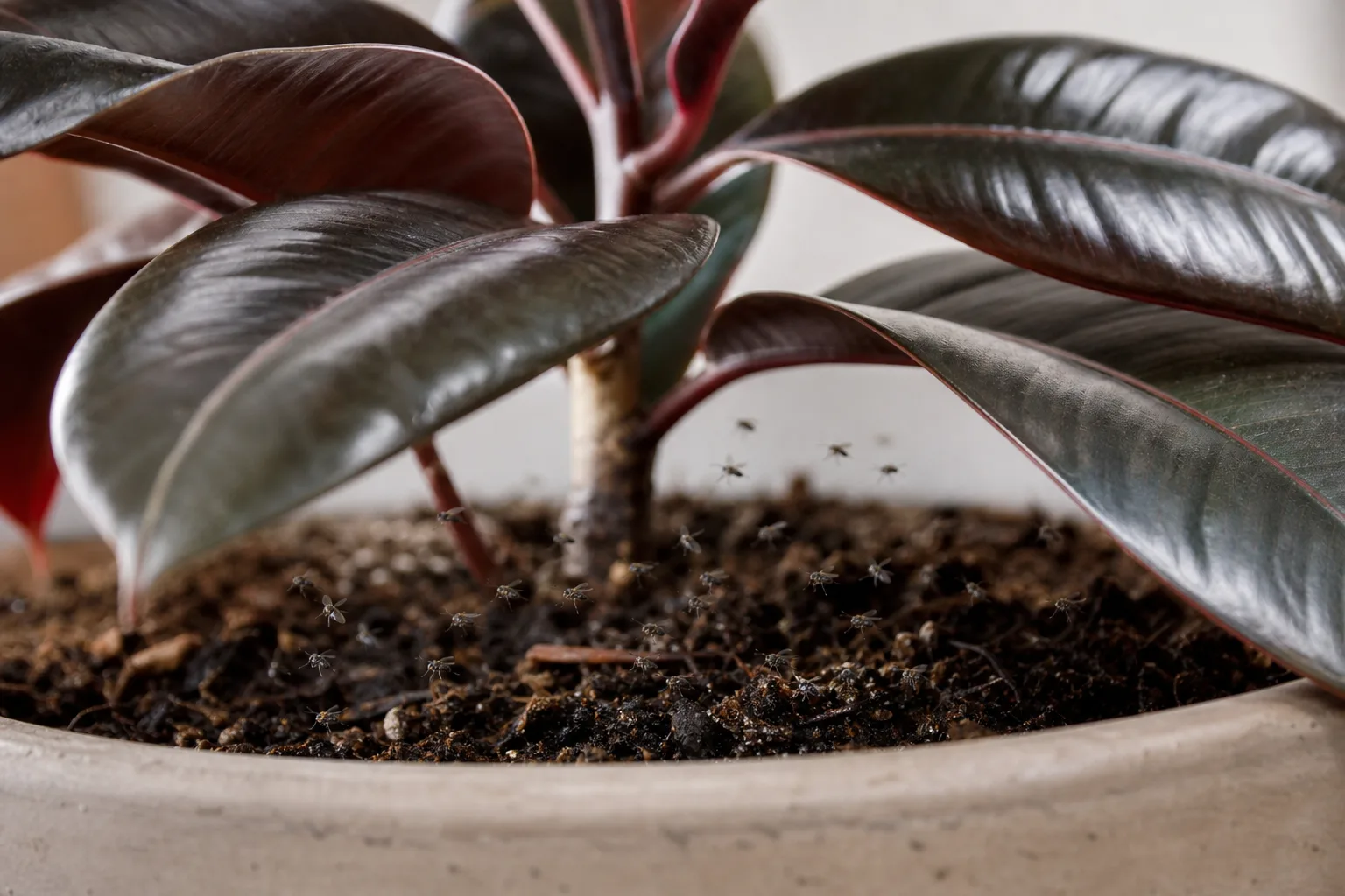 Fungus Gnats on Ficus Burgundy - visible symptom on the plant