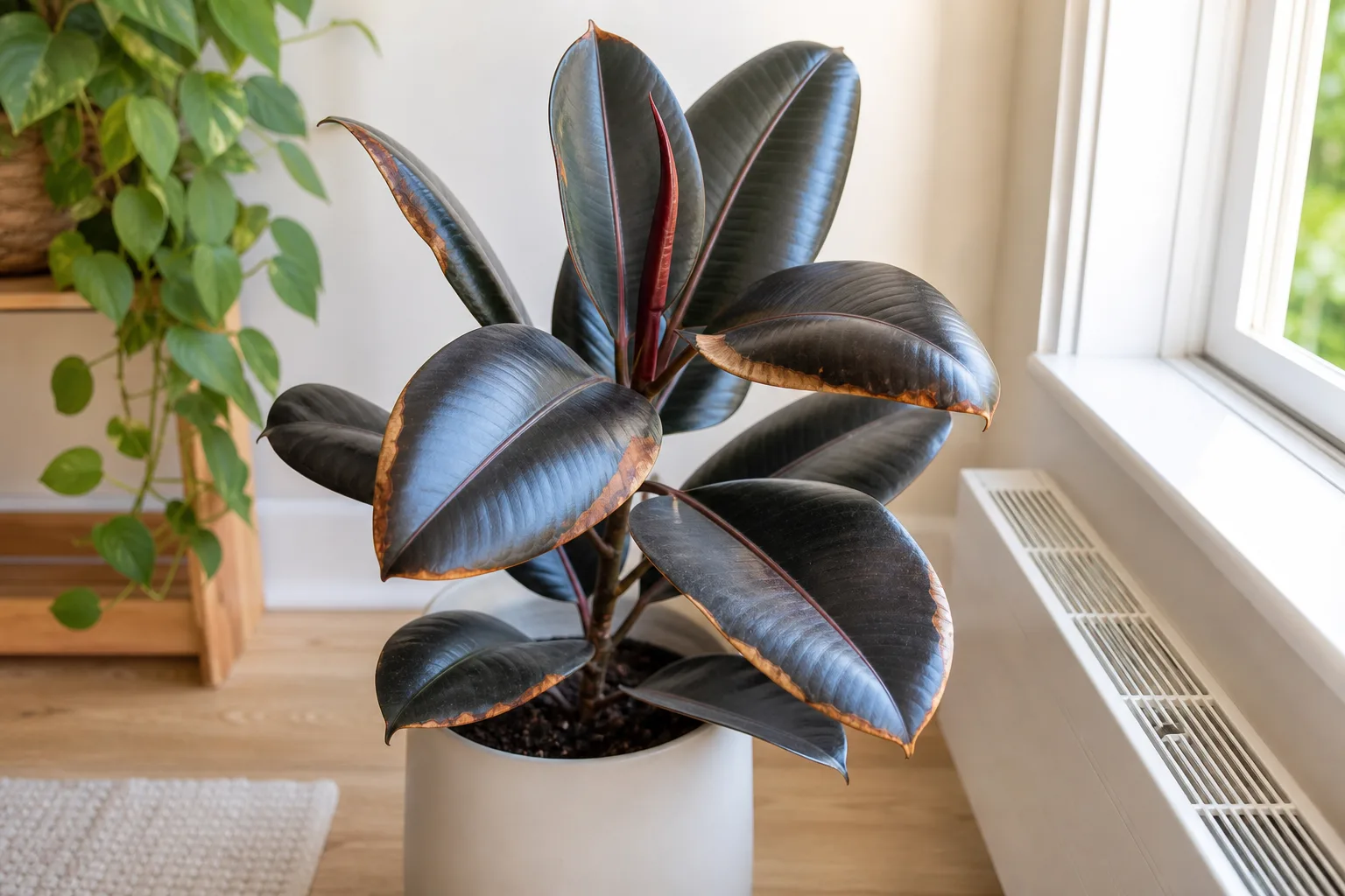 Low humidity on Ficus Burgundy - crispy brown tips and margins on dark glossy burgundy rubber plant leaves