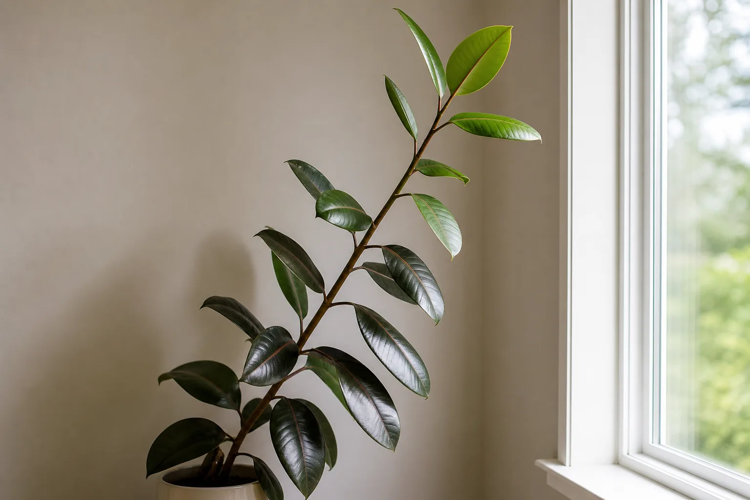 Not enough light on Ficus Burgundy - leggy stretched stems and green-dominant new leaves on a burgundy rubber plant