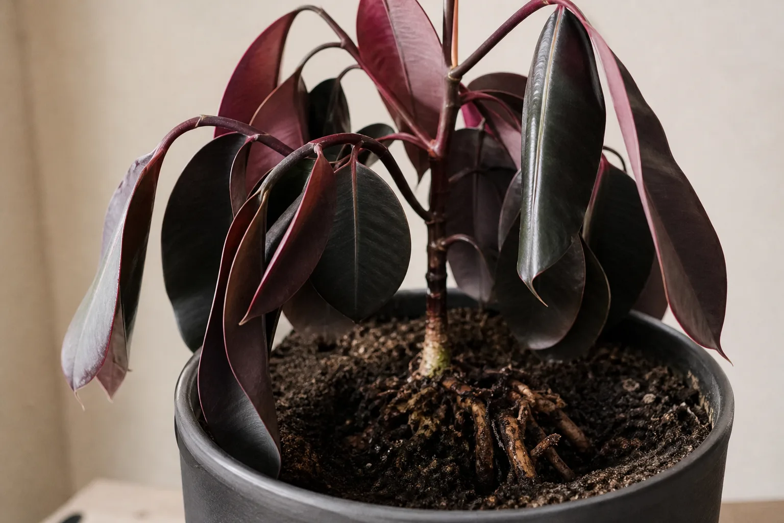 Root Rot on Ficus Burgundy - visible symptom on the plant