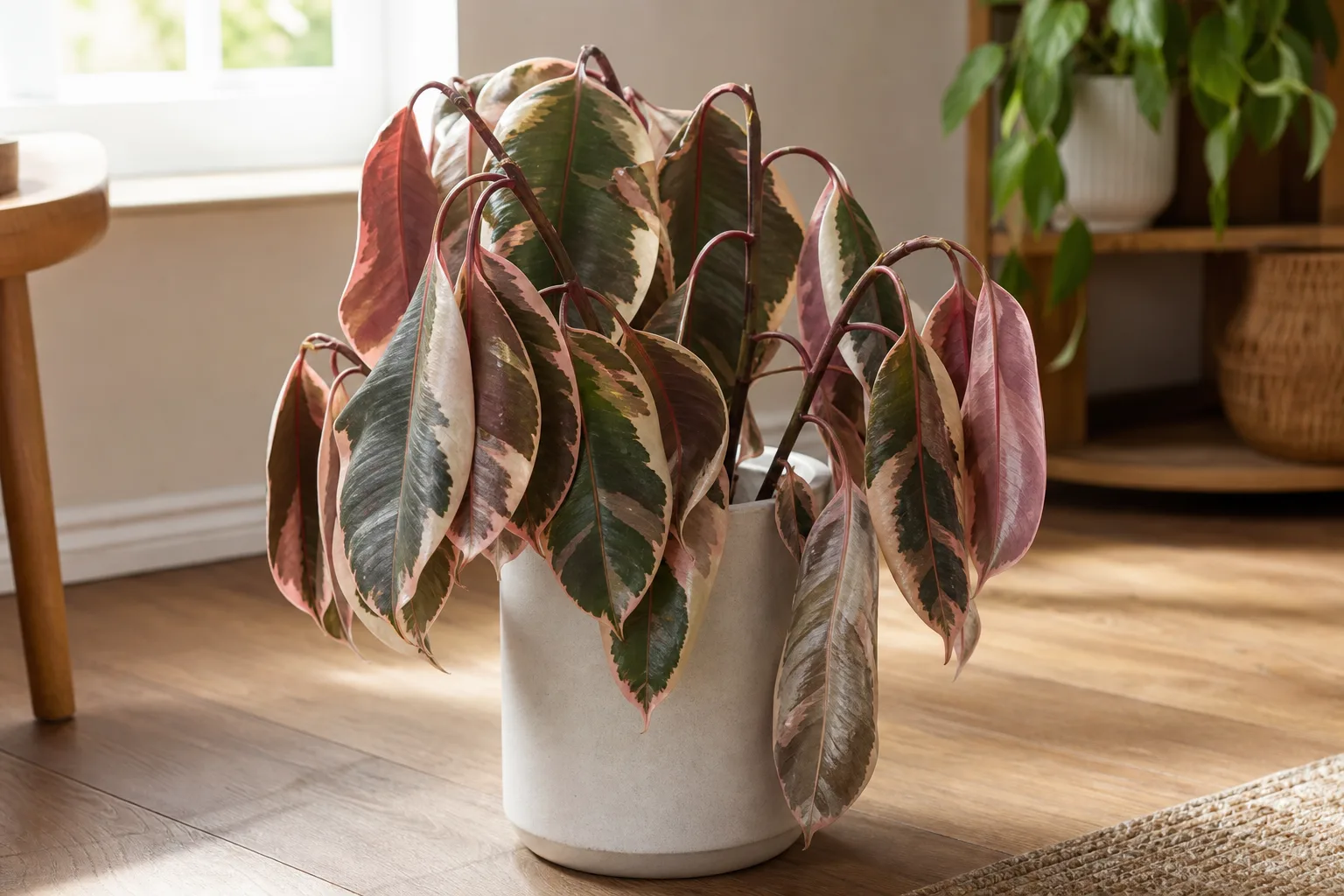 Drooping Leaves on Ficus Elastica Ruby - visible symptom on the plant