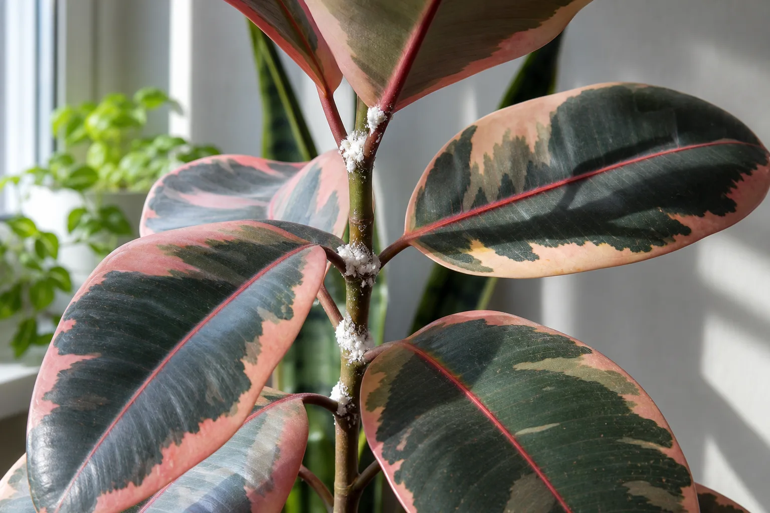 Mealybugs on Ficus Elastica Ruby - white cottony clusters in leaf axils on pink-cream-green tricolor leaves