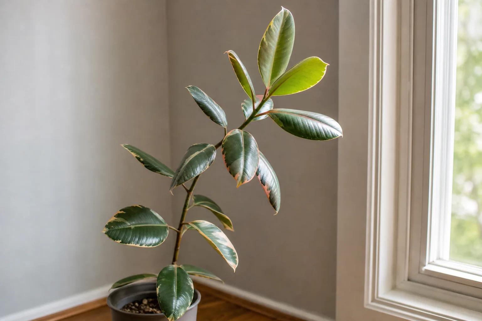 Not enough light on Ficus Elastica Ruby - leggy stretched stems with green-dominant new leaves and faded pink variegation