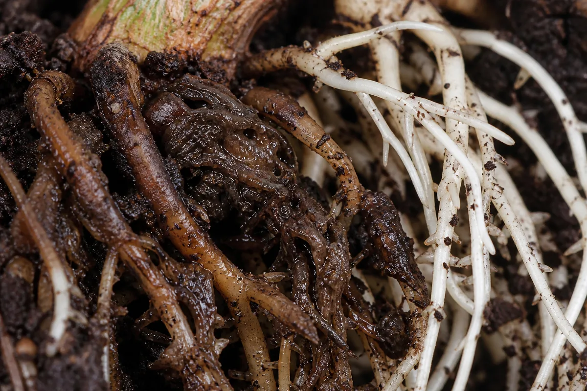 Close-up of Root Rot on Ficus Elastica Ruby - diagnostic detail