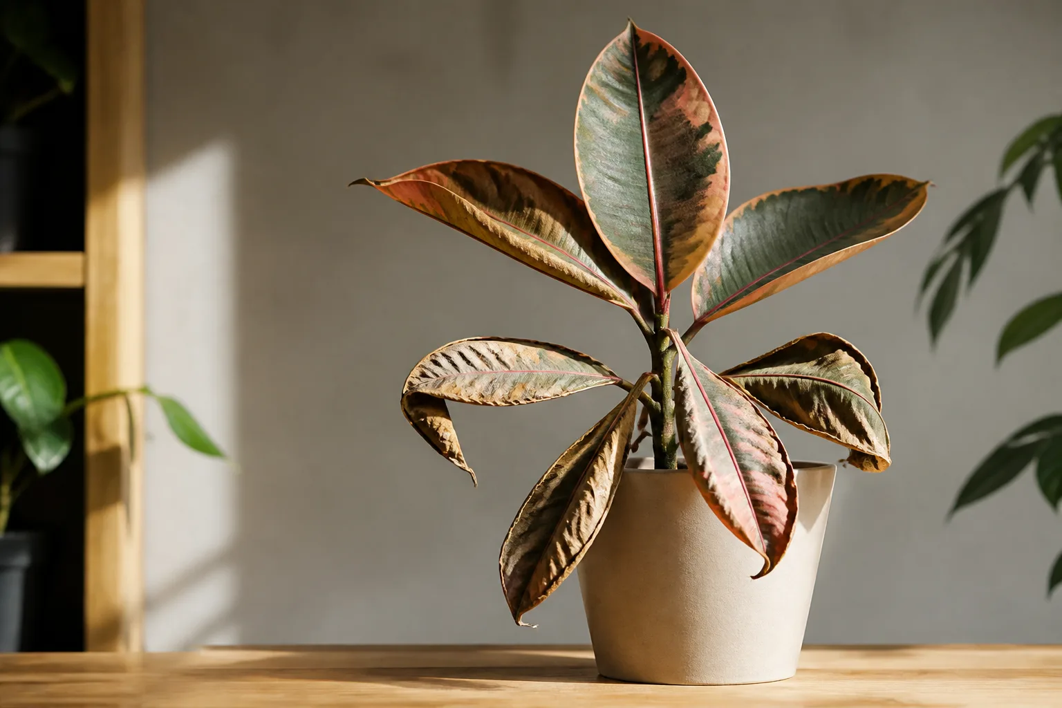Underwatering on Ficus Elastica Ruby - visible symptom on the plant