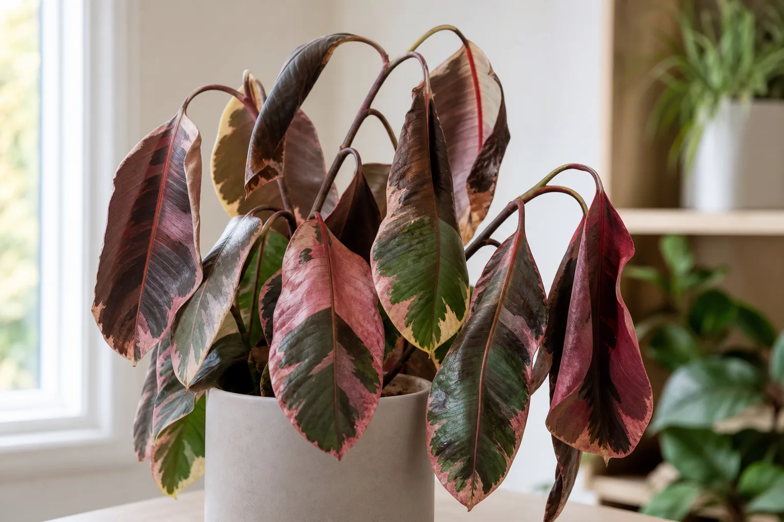 Wilting on Ficus Elastica Ruby - visible symptom on the plant