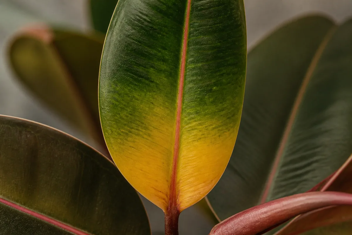 Close-up of Yellow Leaves on Ficus Elastica Ruby - diagnostic detail