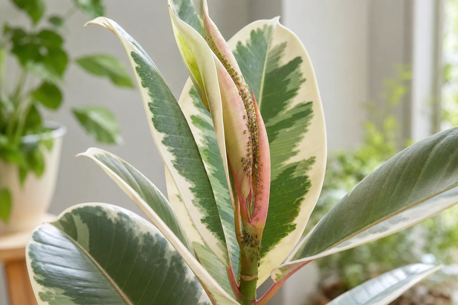 Aphids on Ficus Tineke - pear-shaped insects clustered on the terminal bud and cream-variegated new growth