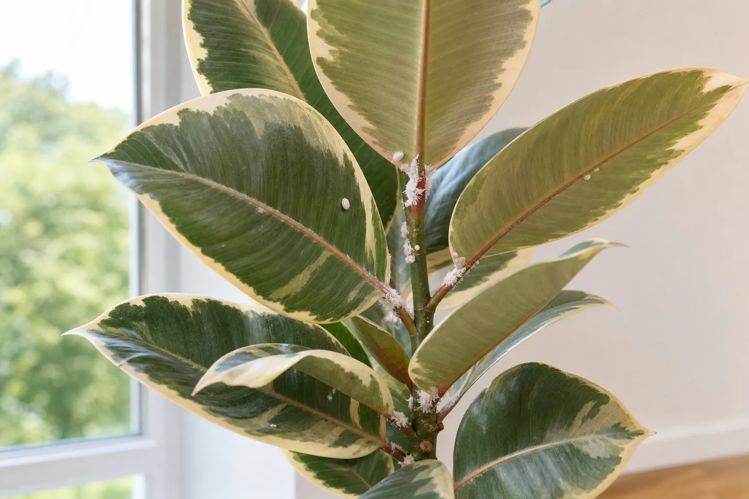 Mealybugs on Ficus Tineke - white cottony clusters in leaf axils on cream variegated leaves