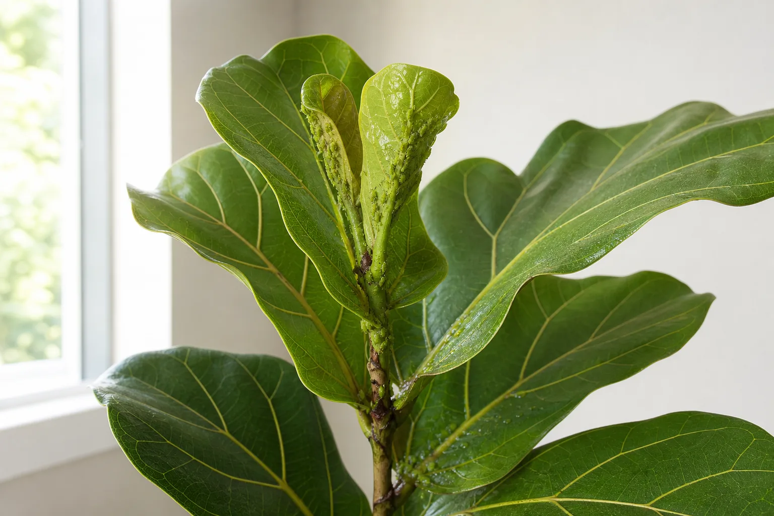 Aphids on Fiddle Leaf Fig - tiny pear-shaped insects clustered on new crown growth