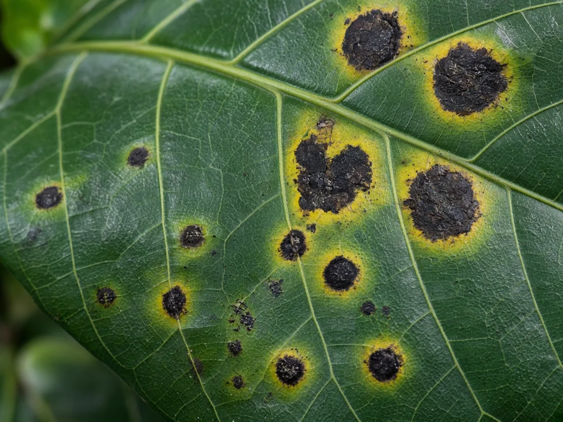 Fiddle-leaf fig leaf with discrete dark spots and yellow margins