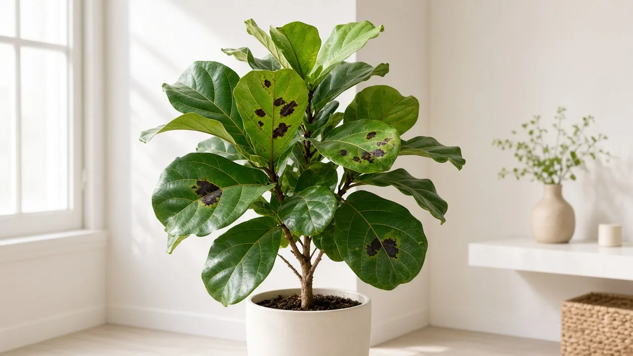 Black spots on fiddle leaf fig - dark lesions on large violin-shaped Ficus lyrata leaves