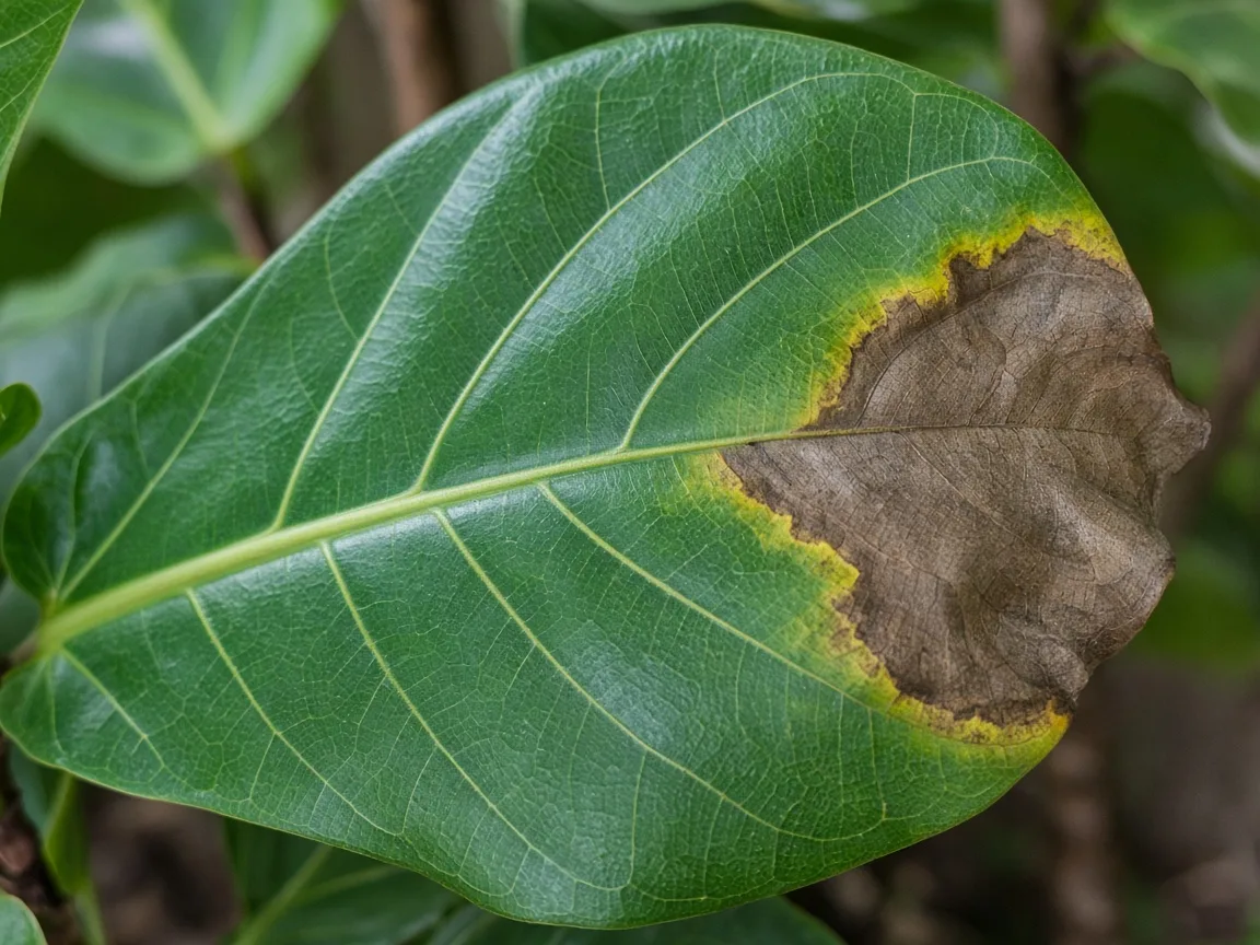 Brown, dry damage along the edge of a fiddle leaf fig leaf