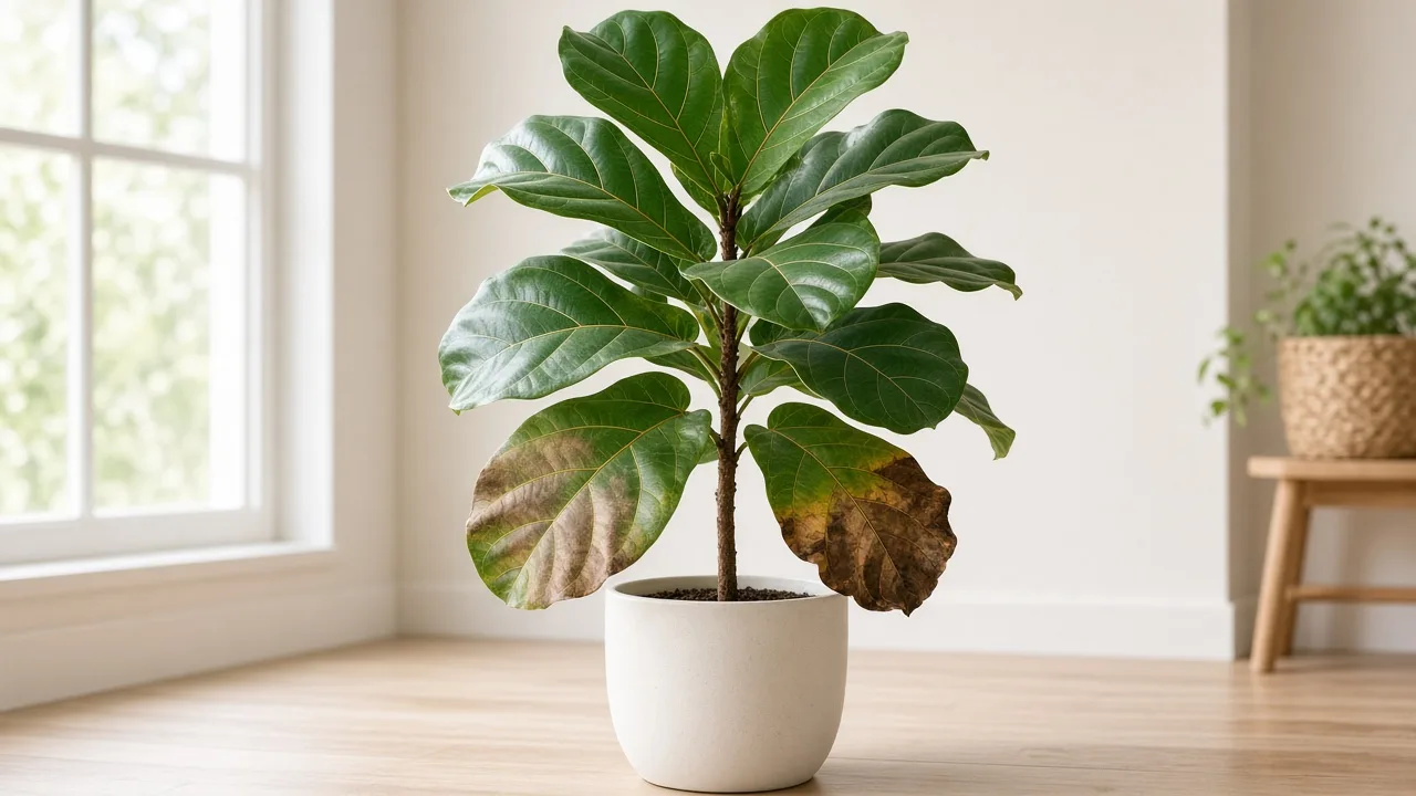 A fiddle-leaf fig with brown, damaged leaves showing why leaf texture and position matter during diagnosis.