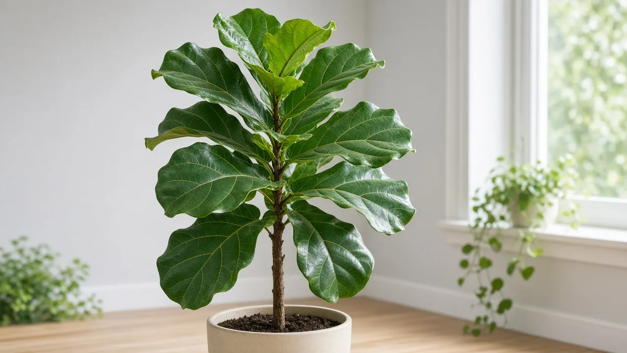 Distorted leaves on Fiddle Leaf Fig - puckered and rippled violin-shaped foliage on an upright floor tree