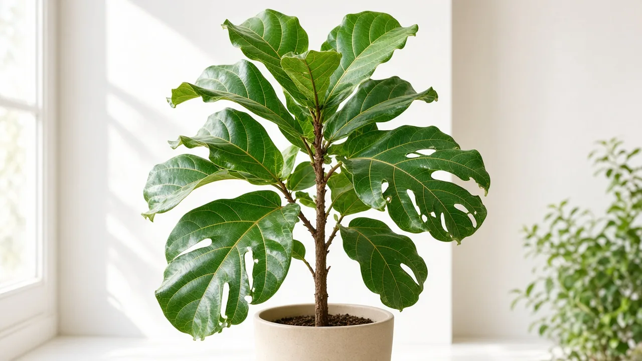 Fiddle-leaf fig leaves with holes and feeding damage provide a visual cue to inspect for pests before changing the watering routine.