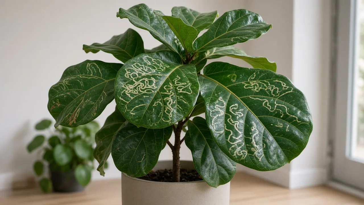 Leaf miners on fiddle leaf fig - pale winding tunnels visible inside large violin-shaped leaves