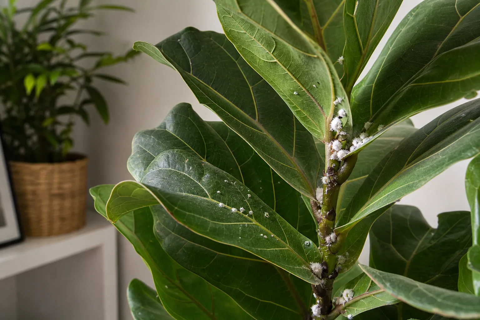 Mealybugs on Fiddle Leaf Fig - visible symptom on the plant