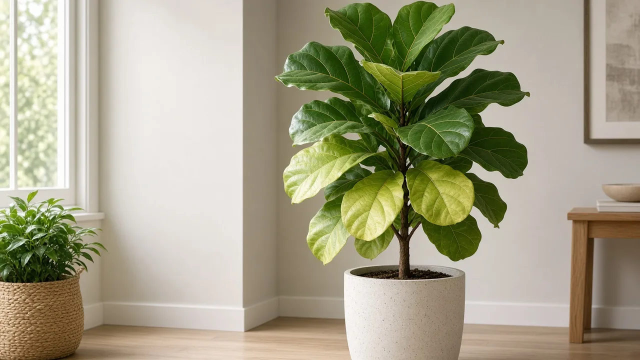 Nitrogen deficiency on fiddle leaf fig - pale yellow lower violin-shaped leaves with smaller new apex growth