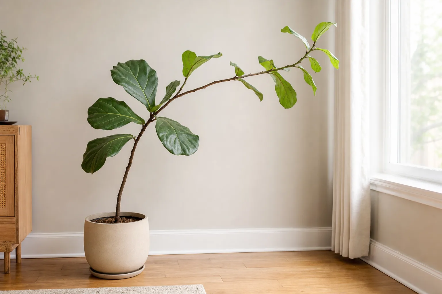 Not enough light on Fiddle Leaf Fig - leggy tree leaning toward window with small new leaves on long petioles
