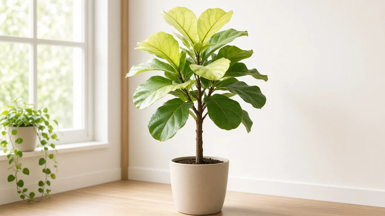 Pale Leaves on Fiddle Leaf Fig - washed-out yellow-green foliage on upright tree with large violin-shaped leaves