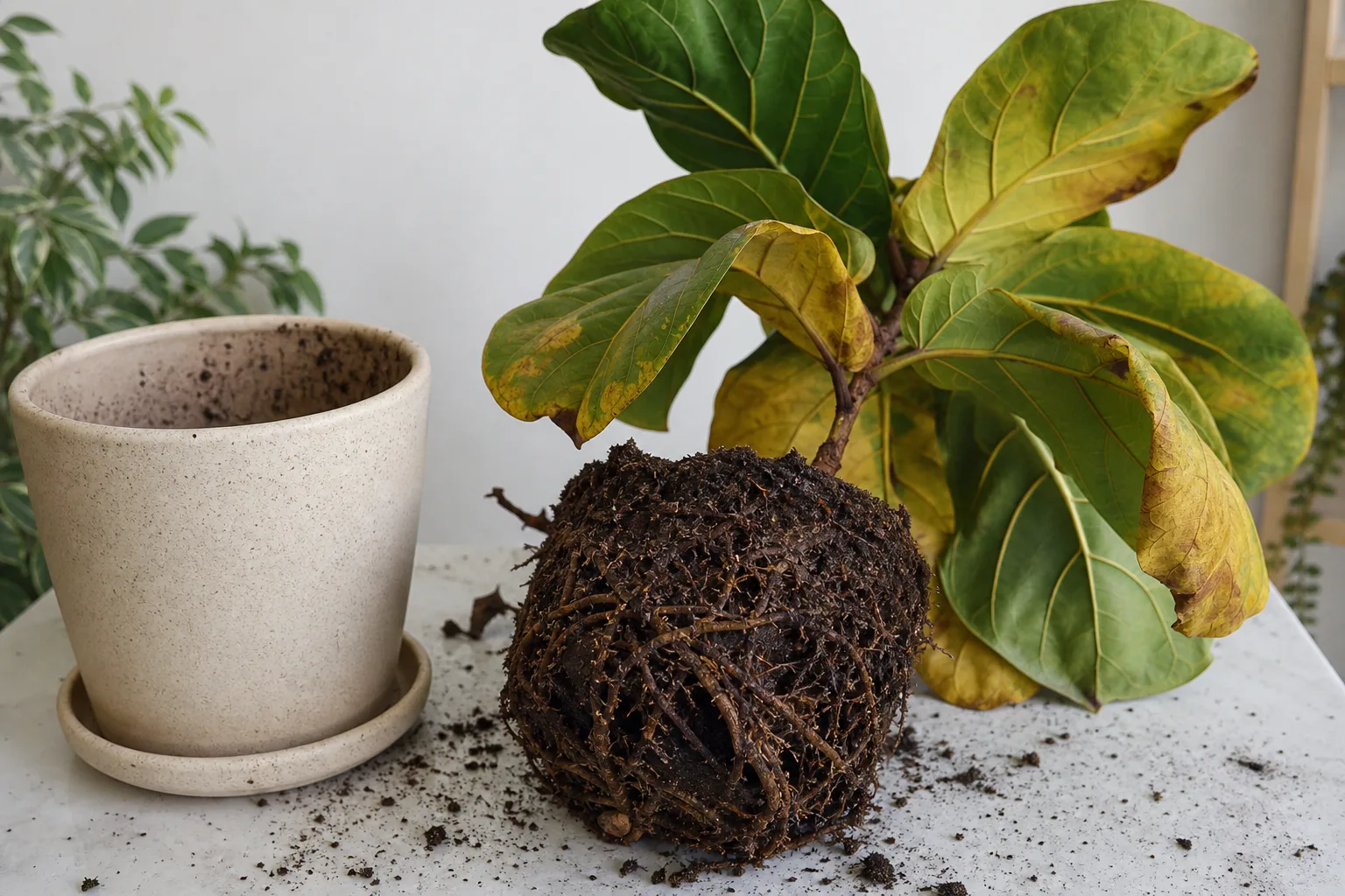 Root Rot on Fiddle Leaf Fig - visible symptom on the plant