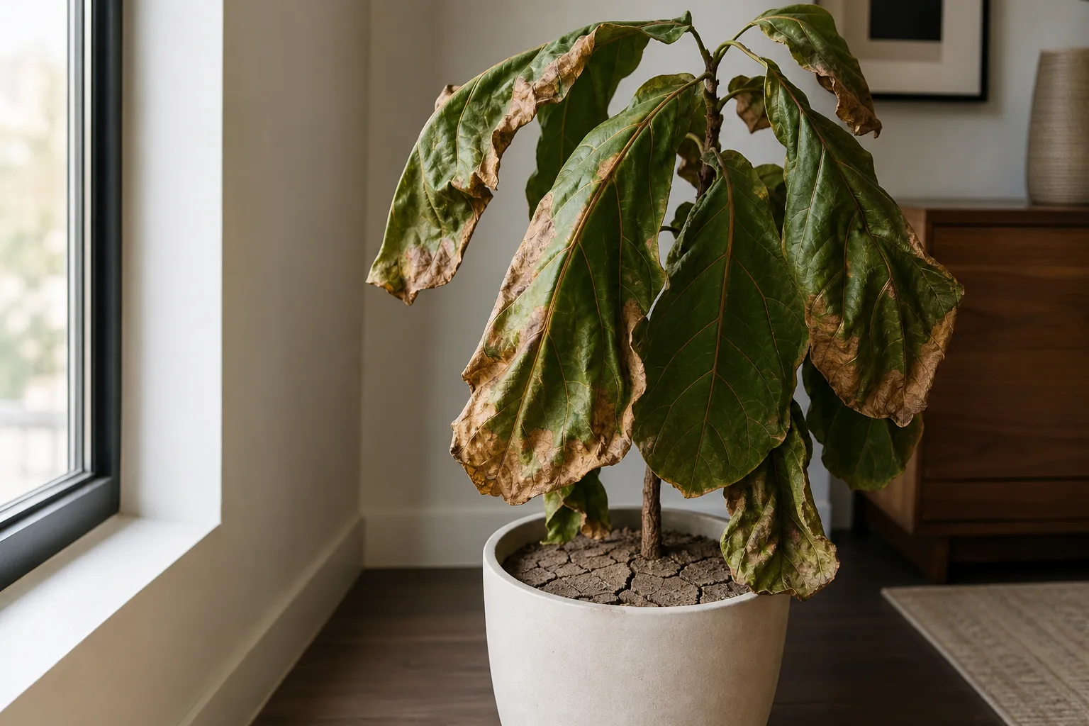 Underwatering on Fiddle Leaf Fig - visible symptom on the plant