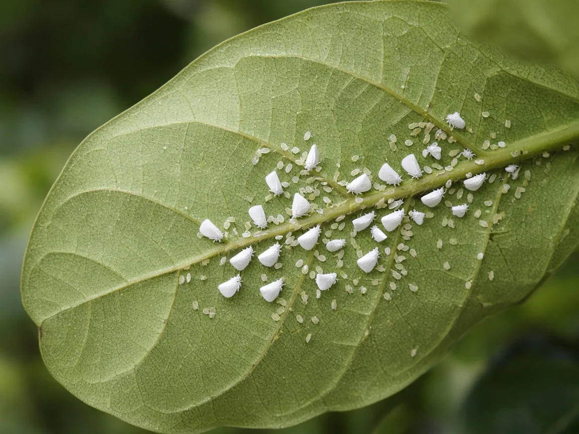 Adult whiteflies, eggs, and flattened nymphs under a fiddle-leaf fig leaf