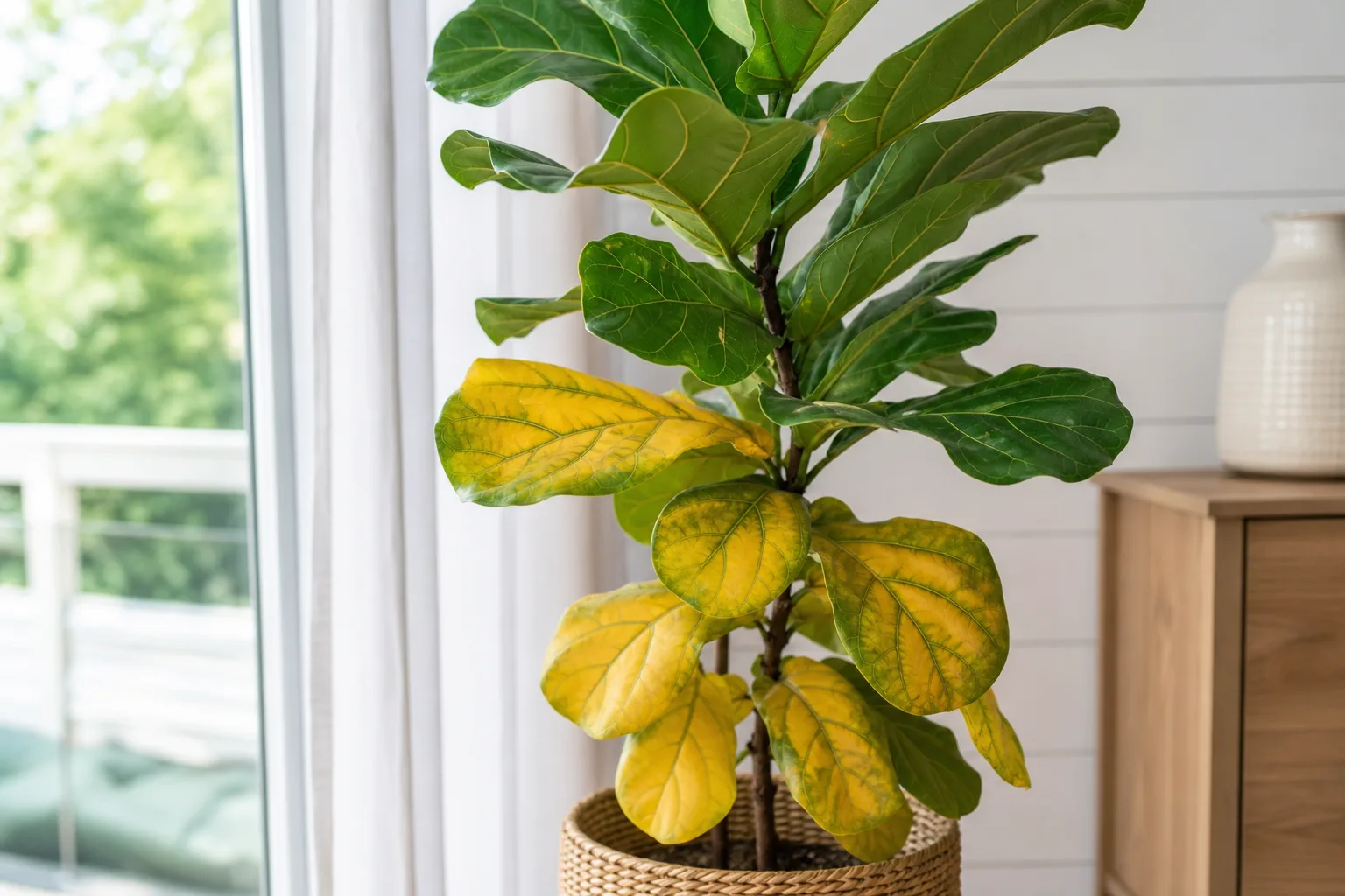 Yellow Leaves on Fiddle Leaf Fig - visible symptom on the plant