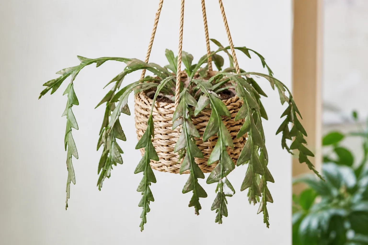 Drooping fishbone cactus - thin shriveled zigzag segments hanging from a light dry basket