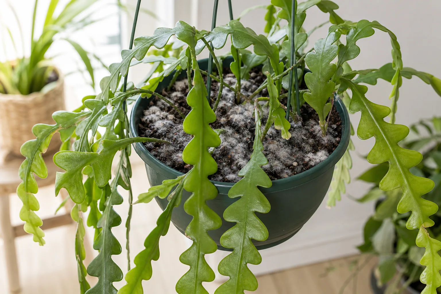 Mold on soil on Fishbone Cactus - white cottony patches on damp mix in a hanging basket