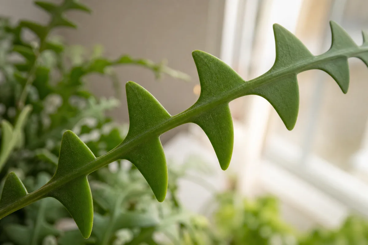 Close-up of low light on Fishbone Cactus - elongated zigzag stem with widened lobe gaps and deep dark green color