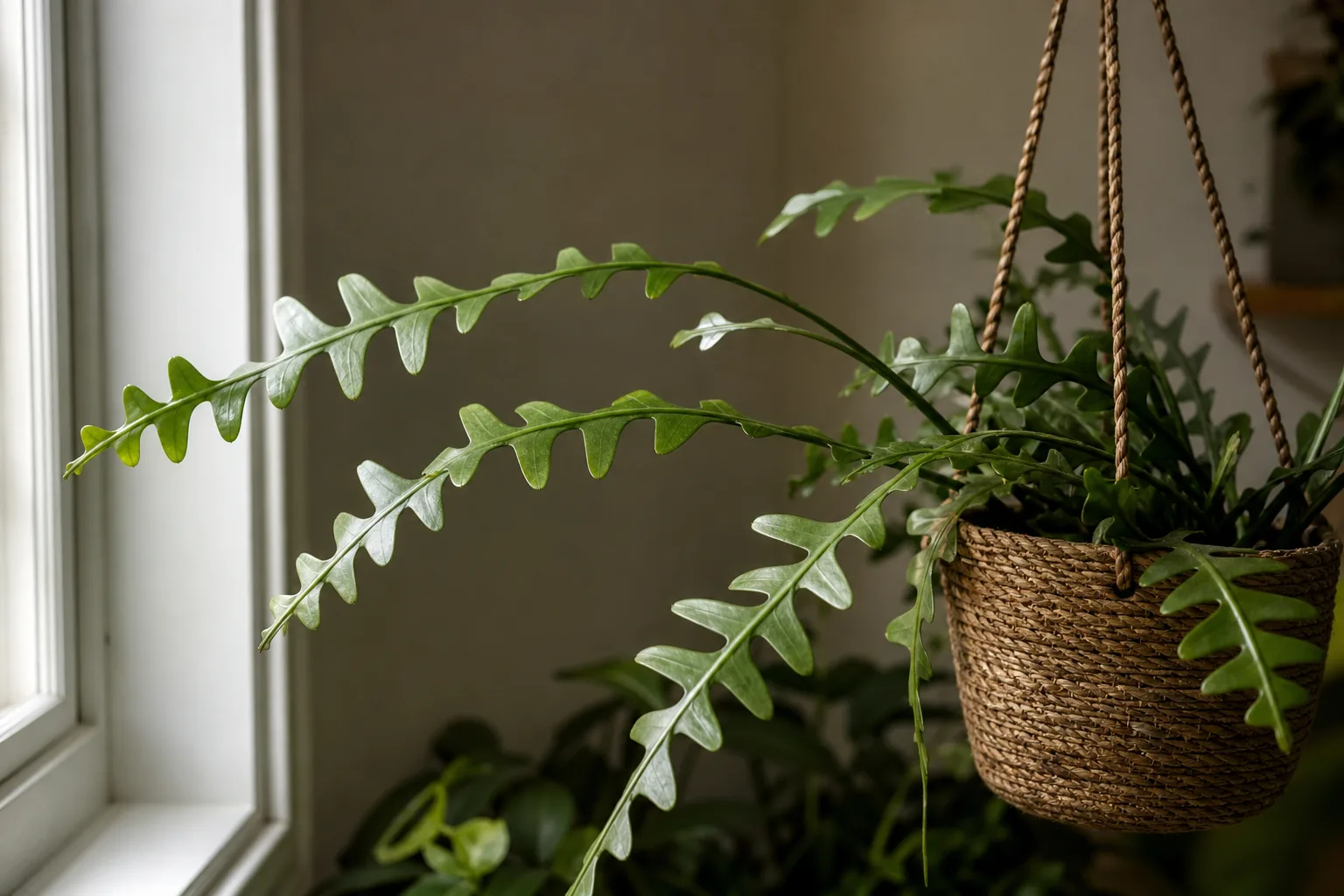 Not enough light on Fishbone Cactus - stretched zigzag stems with wide lobe gaps leaning toward a window