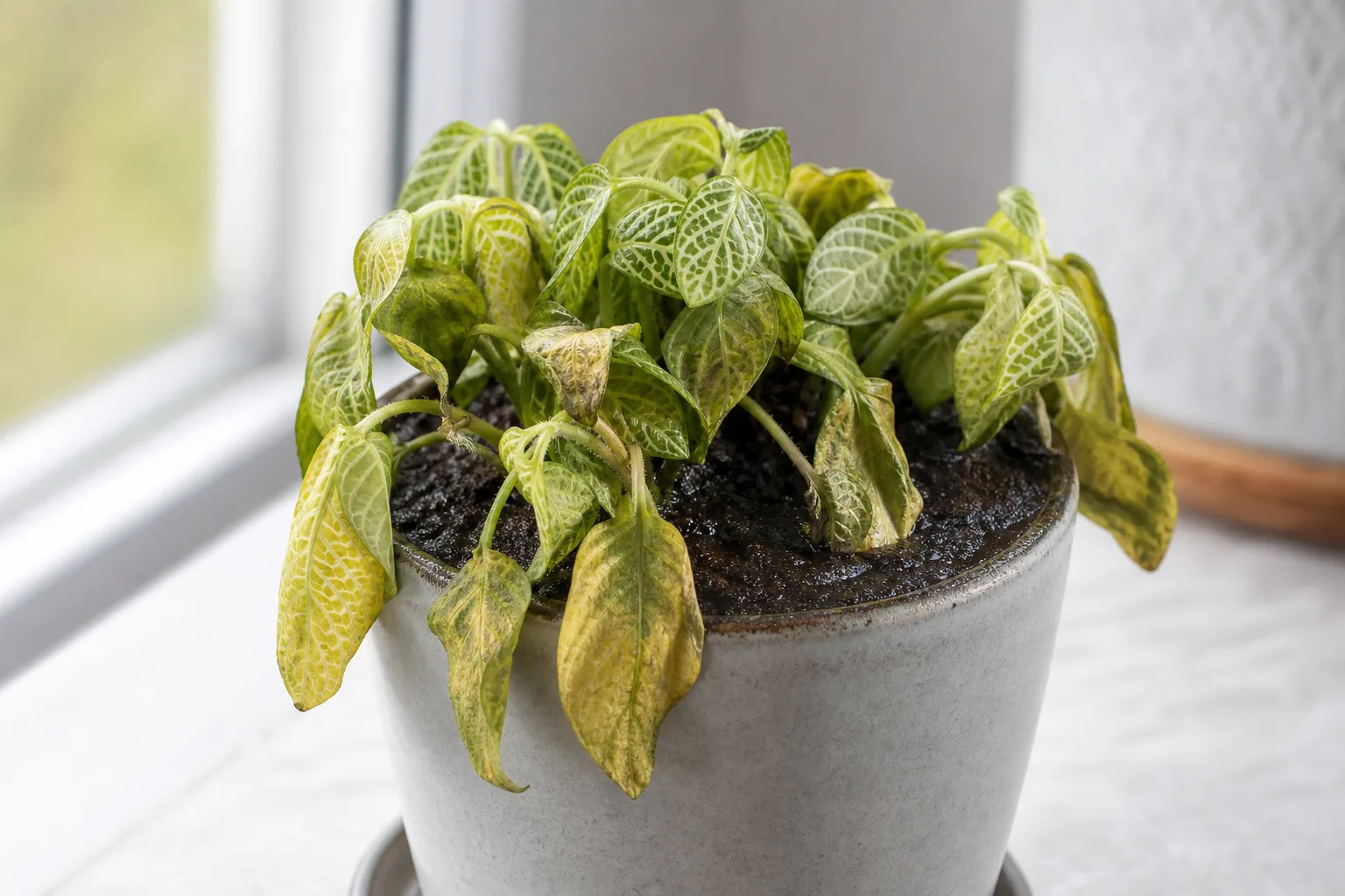 Overwatering on Fittonia - visible symptom on the plant